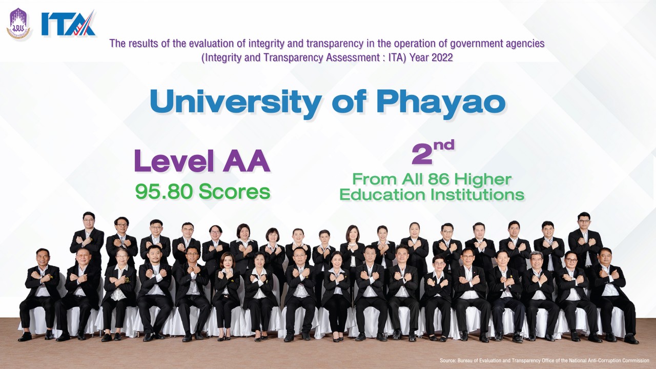 University of Phayao rated Evaluation of integrity and transparency In Public Sector Operations (ITA) Fiscal Year 2022 AA level 95.80 points