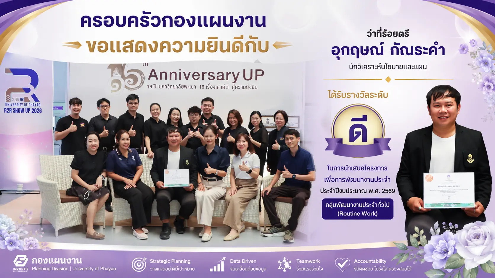 ครอบครัวกองแผนงาน ขอแสดงความยินดีแก่ ว่าที่ร้อยตรีอุกฤษณ์ กัณธะคำ รับรางวัลระดับ “ดี” จากการนำเสนอโครงการเพื่อการพัฒนางานประจำ