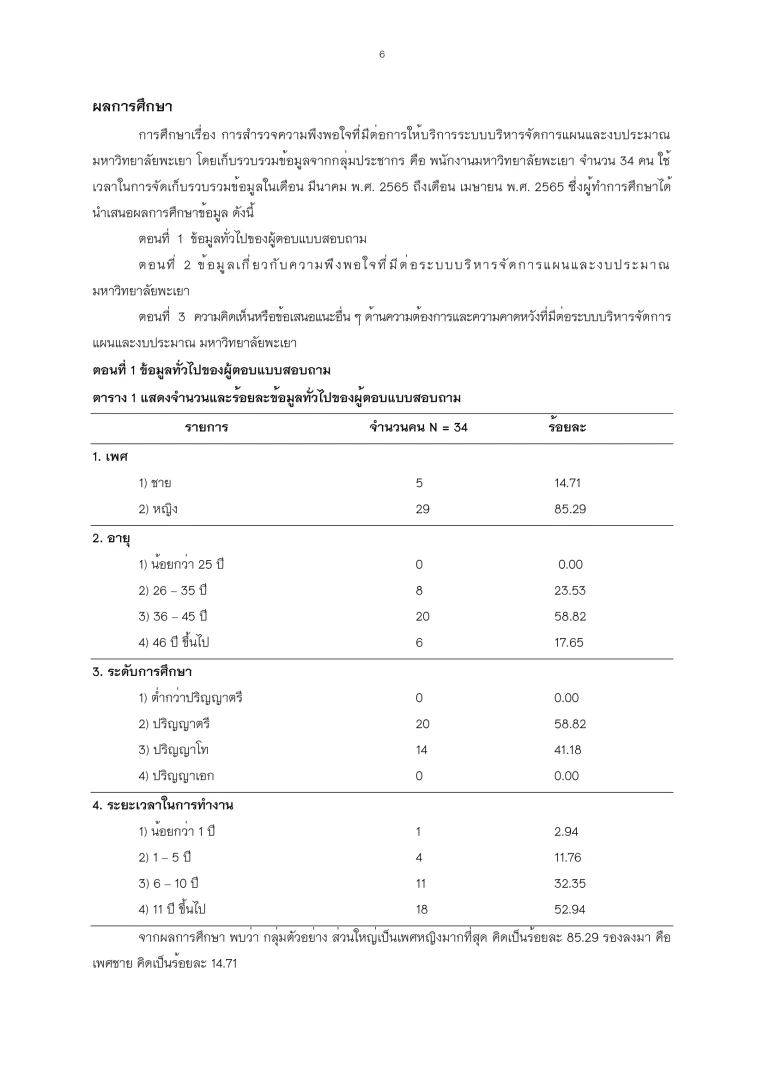 การสำรวจความพึงพอใจที่มีต่อการให้บริการระบบบริหารจัดการแผนและงบประมาณ มหาวิทยาลัยพะเยา